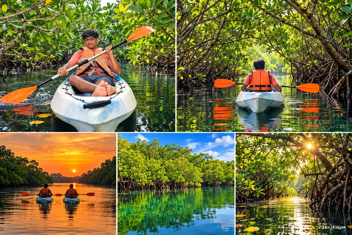 Kayaker paddling beneath green mangrove branches in Havelock Island